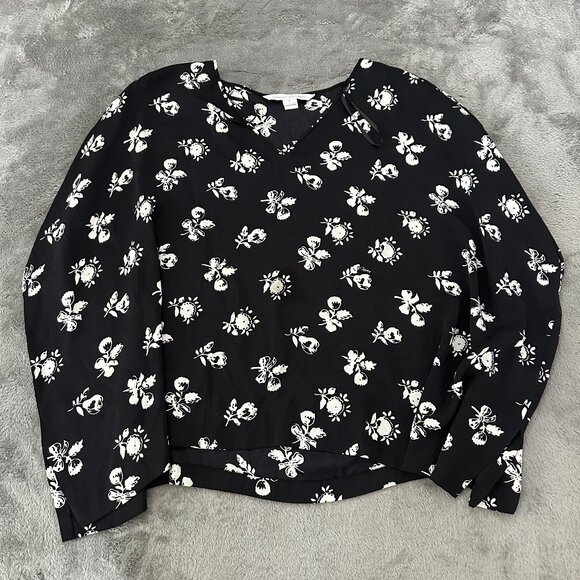 Diane Von Furstenberg Silk Poncho Oversized Tunic Top Blouse Black Flowers XS - Picture 1 of 9